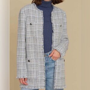 Elie Tahari blazer size large blue & white‎ tweed fringe edge blazer w/ pockets